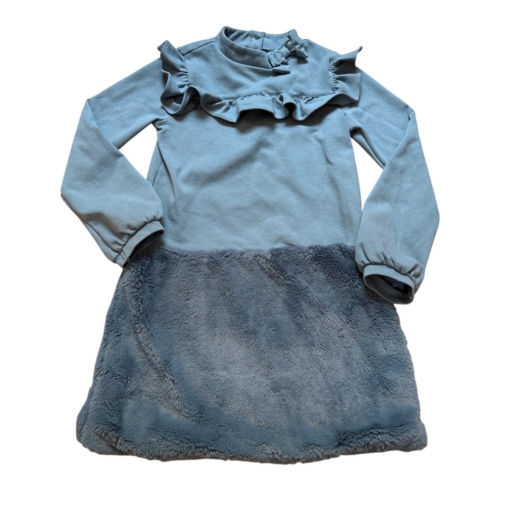 Janie and Jack Faux Fur Skirt Dress Kids Blue Excellent Ruffle Bow SIZE 10